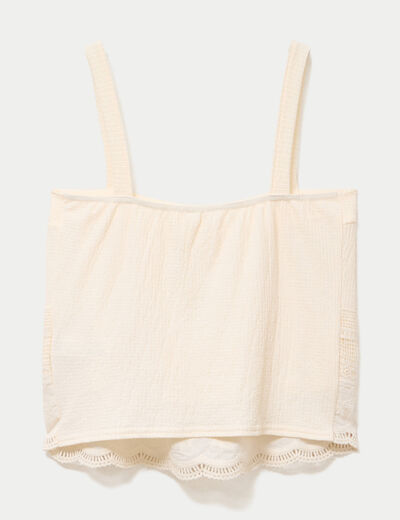 Top &agrave; bretelles broderie ecru femme