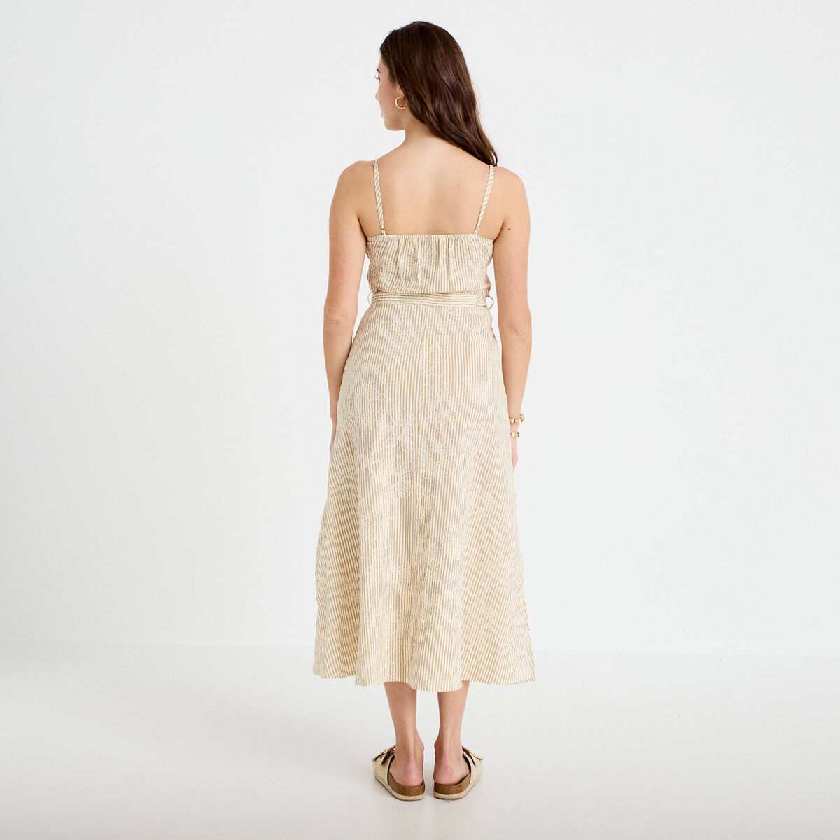 Robe droite 3/4 col v fines bretelles beige moyen femme