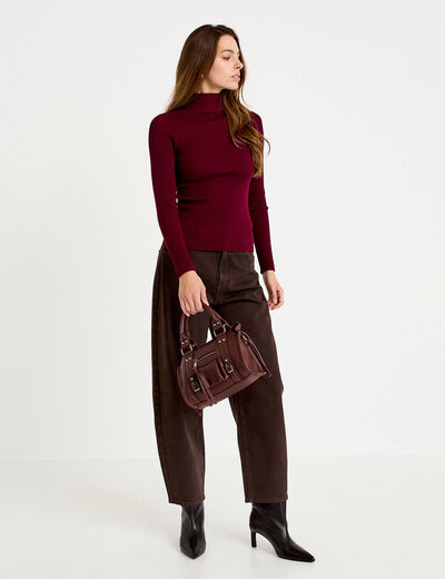 Pull c&ocirc;tel&eacute; col roul&eacute; bordeaux femme