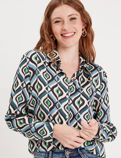 Chemise satin manches longues bleu femme