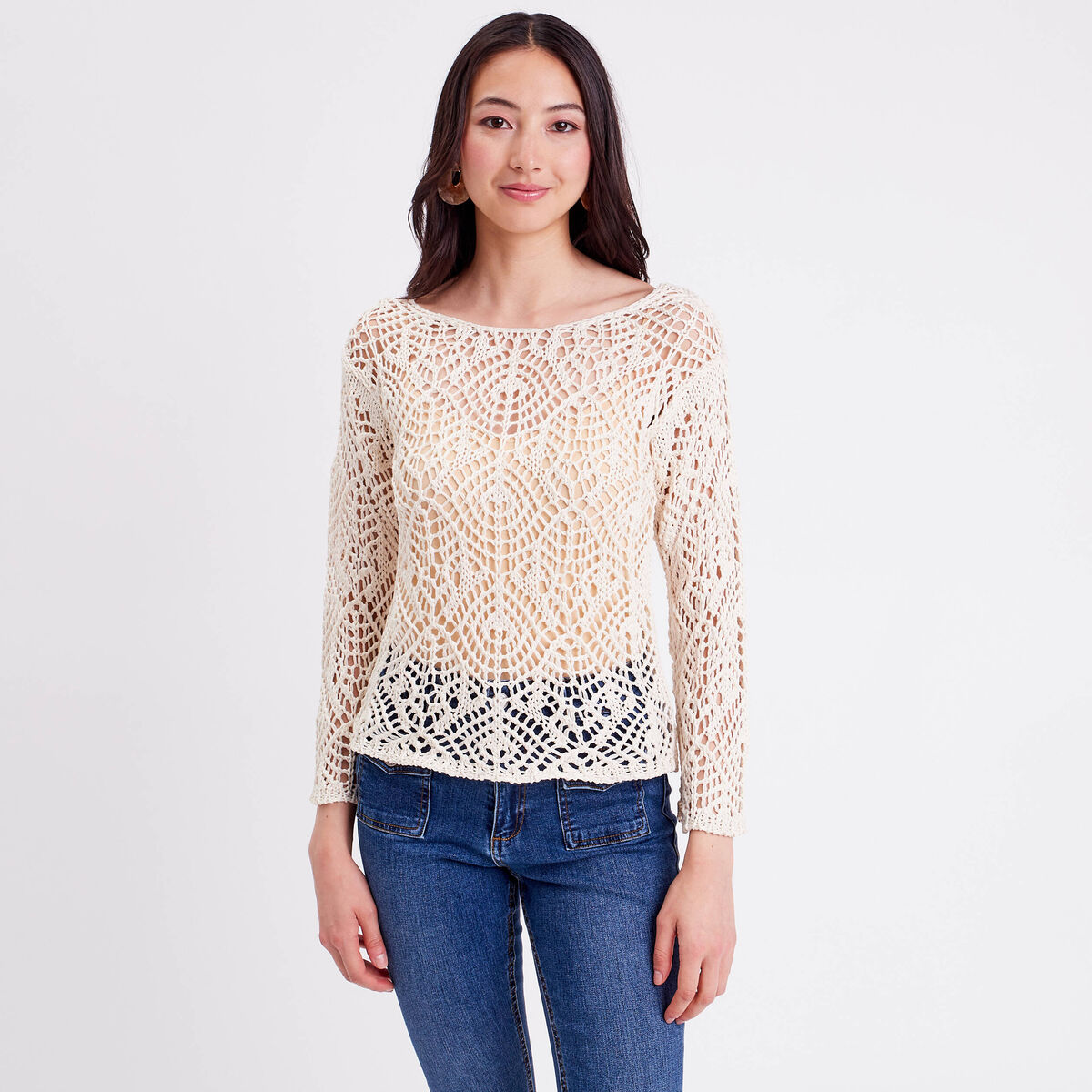 Pull crochet manches longues ivoire femme