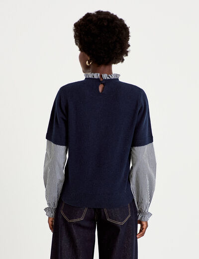 Pull 2-en-1 col rond manches vichy bleu marine femme
