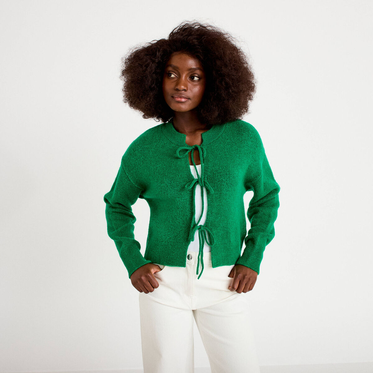 Gilet court nou&eacute; vert fonc&eacute; femme