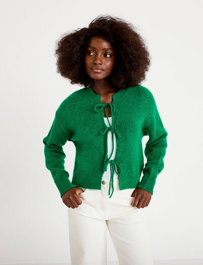 Gilet court nou&eacute; vert fonc&eacute; femme