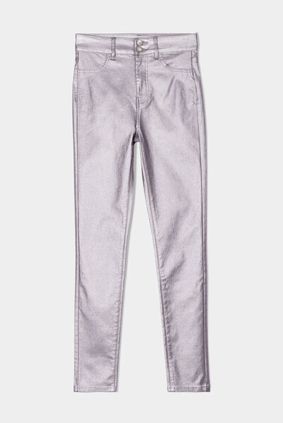Pantalon skinny métallisé gris argent femme