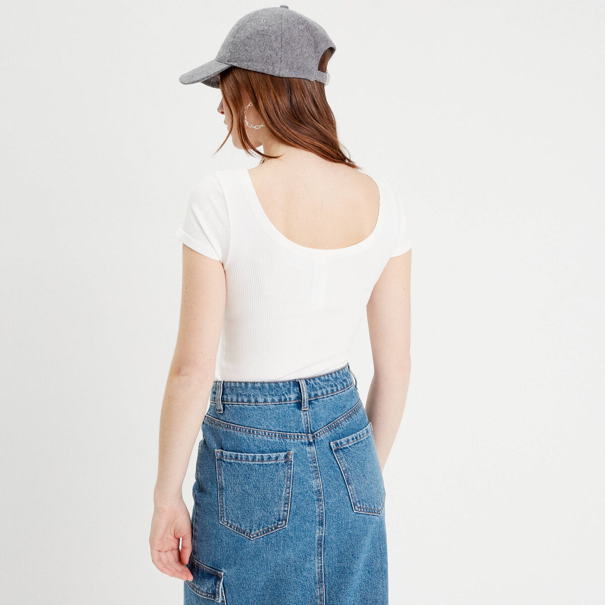 T-shirt manches courtes côtelé ecru femme