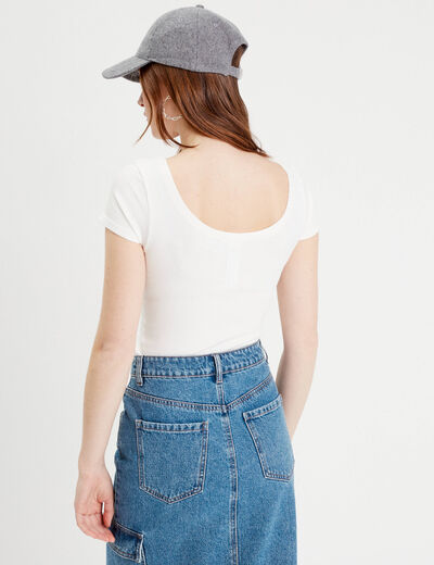 T-shirt manches courtes côtelé ecru femme