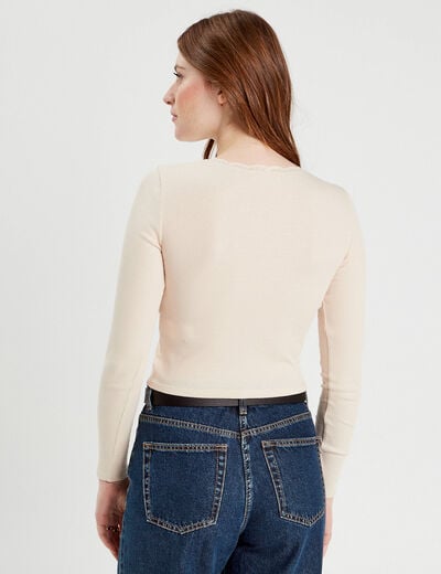 T-shirt cropped côtelé ecru femme