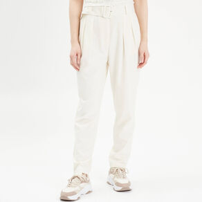 Pantalon cigarette ceinturé ecru femme