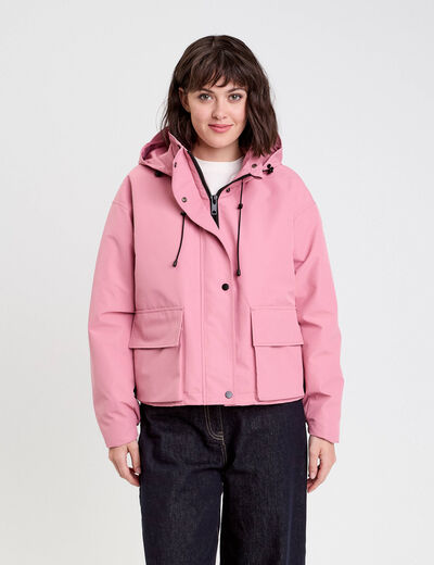 Veste courte bas resserré à capuche rose clair femme