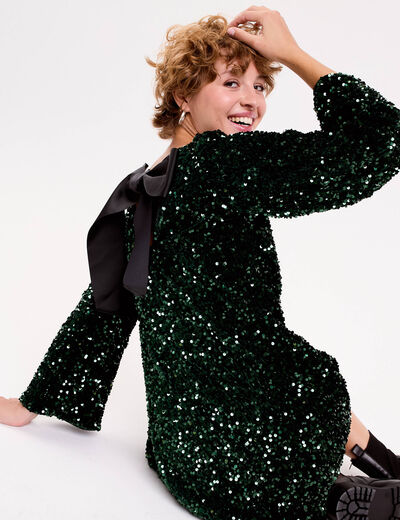 Robe &agrave; sequins dos nou&eacute; vert fonc&eacute; femme