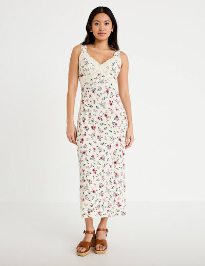 Robe d&eacute;collet&eacute; bretelles aspect dentelle beige clair femme