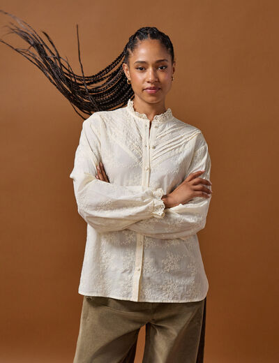 Blouse ample col montant manches longues ivoire femme