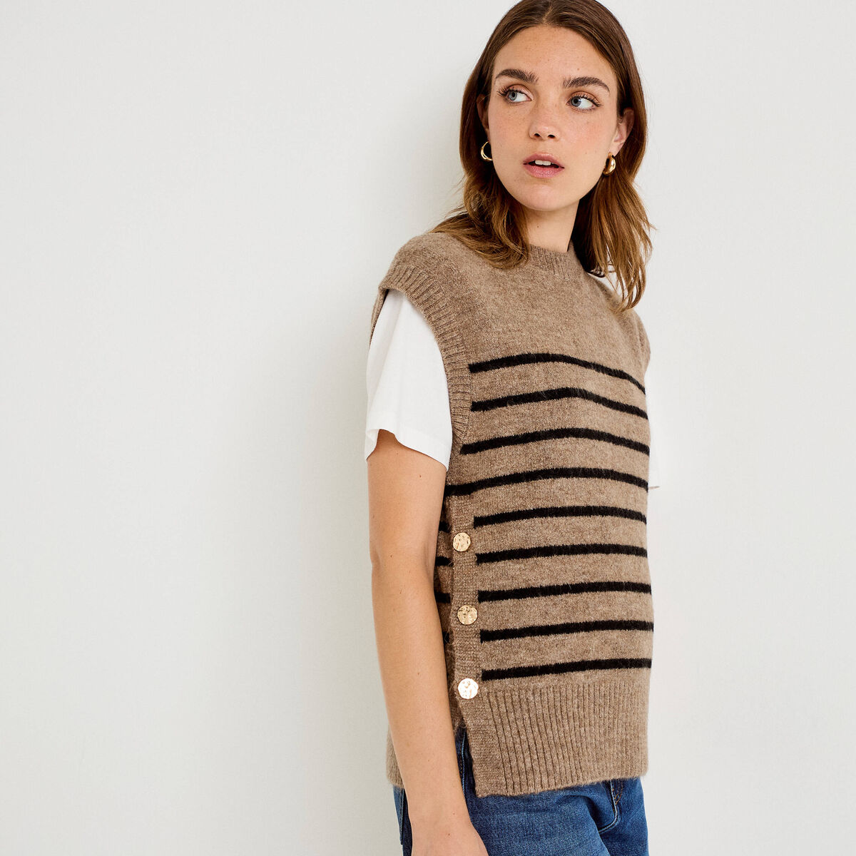 Pull sans manches marron femme