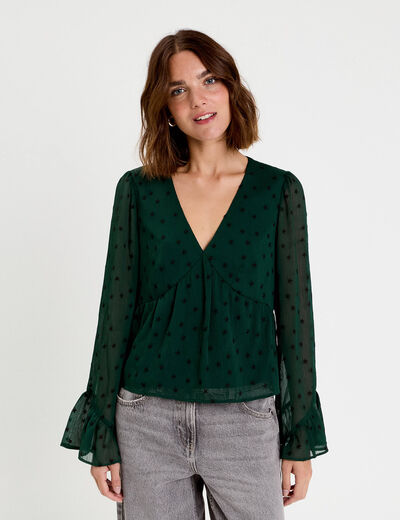 Blouse brod&eacute;e volant&eacute;e vert fonc&eacute; femme
