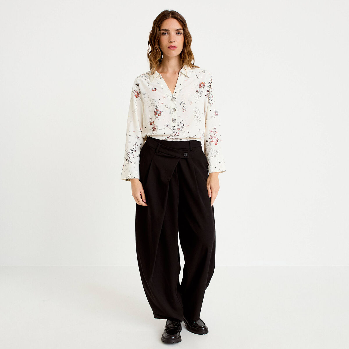 Blouse col chemise manches longues blanc femme