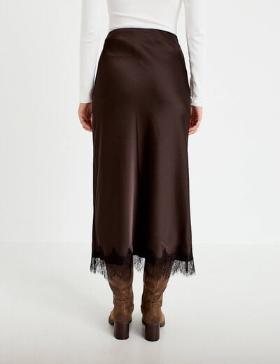 Jupe droite 3/4 d&eacute;tail dentelle marron fonc&eacute; femme