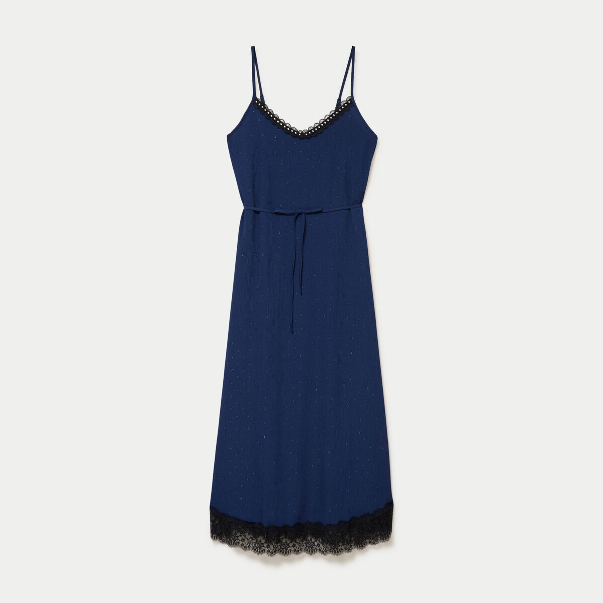 Robe longue &eacute;vas&eacute;e col v dentelle bleu marine femme