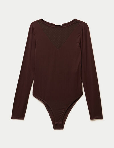 Body thermique col rond manches longues marron fonc&eacute; femme