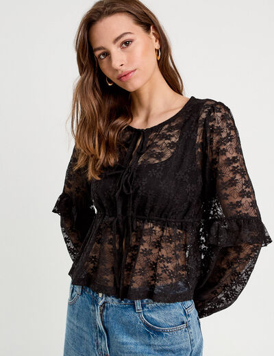 Blouse manches longues noeuds noir femme