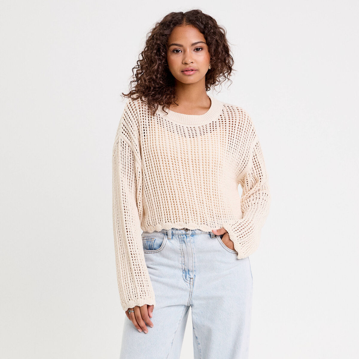 Pull ajouré col rond manches longues ecru femme