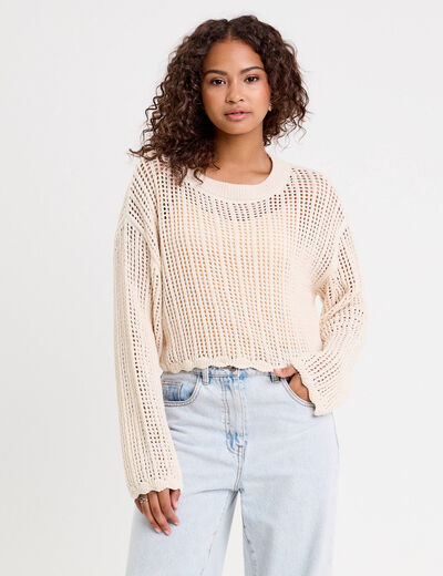 Pull ajouré col rond manches longues ecru femme