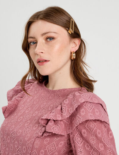Blouse brodée avec volants vieux rose femme
