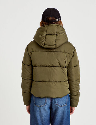 Doudoune courte bas resserr&eacute; capuche vert kaki femme