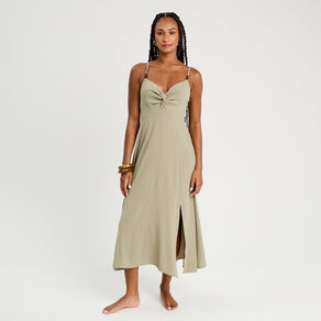 Robe longue évasée fendue vert kaki femme