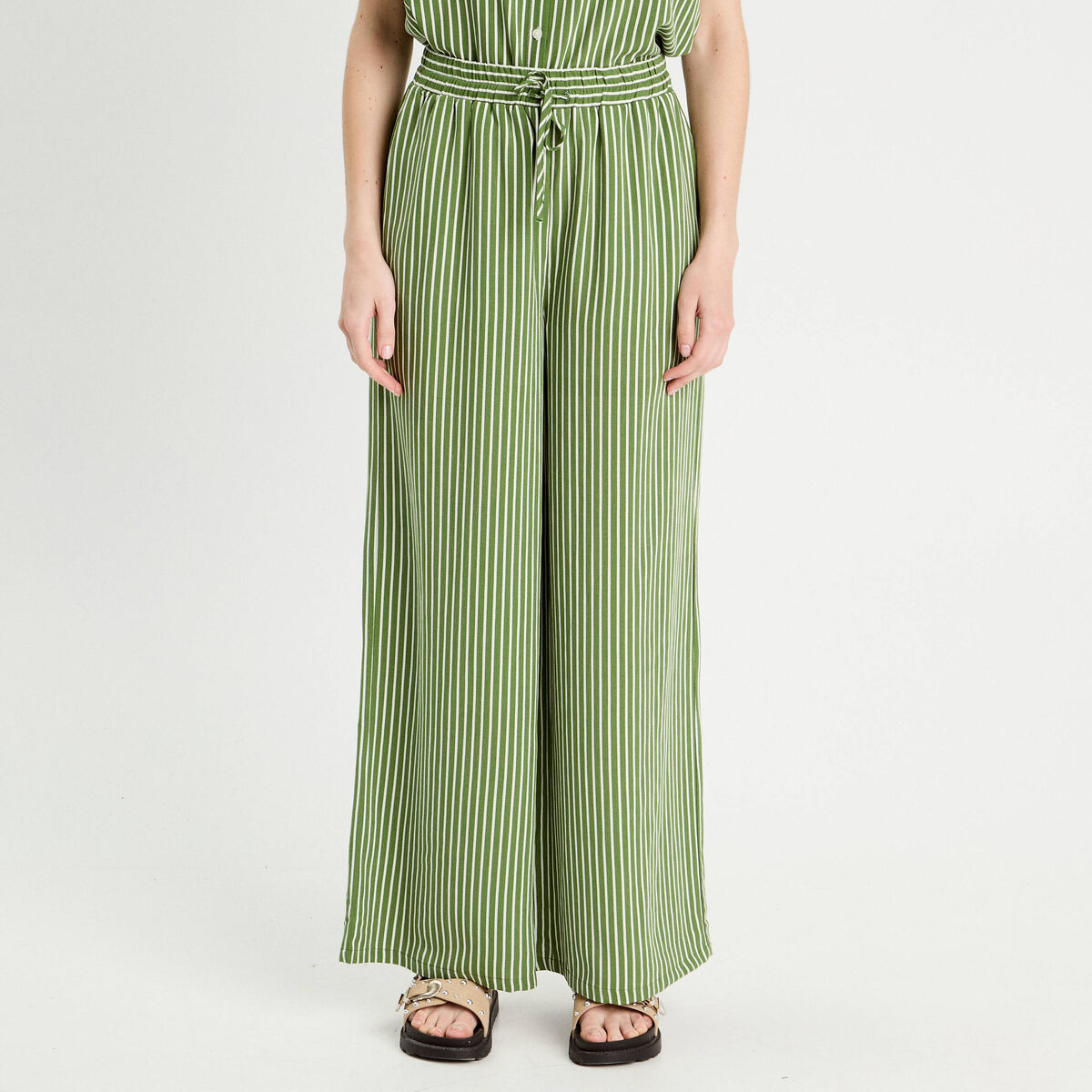 Pantalon large taille haute vert kaki femme
