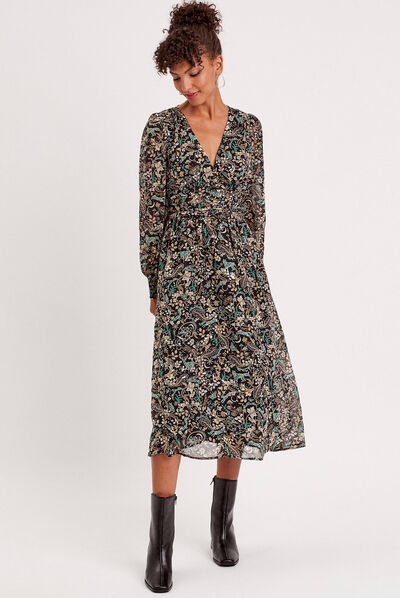 Robe midi évasée col en V noir femme