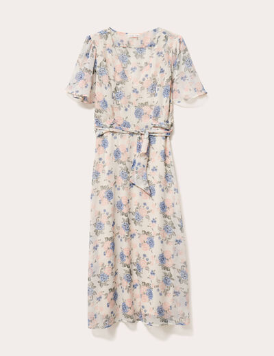 Robe midi évasée col en V blanc femme