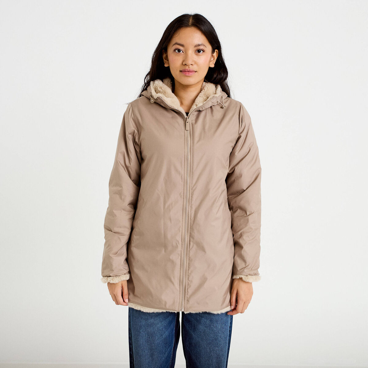 Parka r&eacute;versible 3/4 &agrave; capuche beige femme