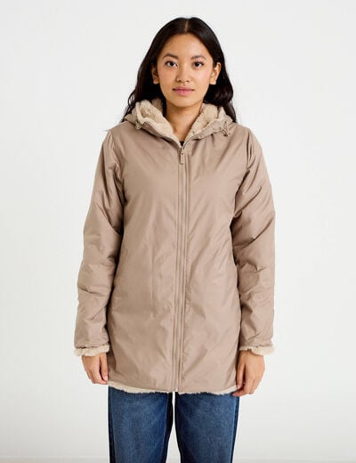Parka r&eacute;versible 3/4 &agrave; capuche beige femme