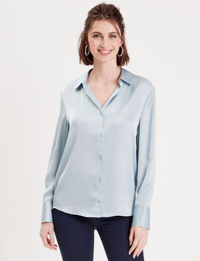Chemise manches longues satin bleu clair femme