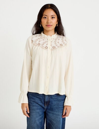 Blouse droite manches longues pliss&eacute;e ivoire femme