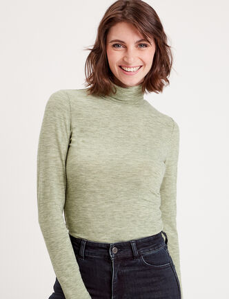 T-shirt col roulé vert kaki femme