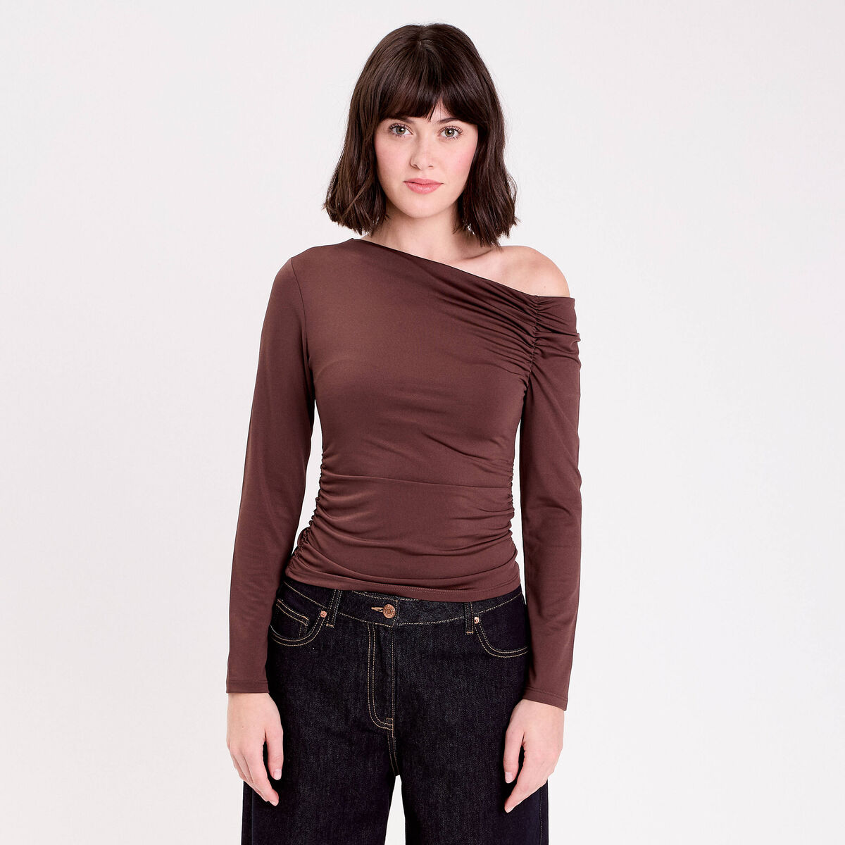 T-shirt ajust&eacute; manches longues marron fonc&eacute; femme