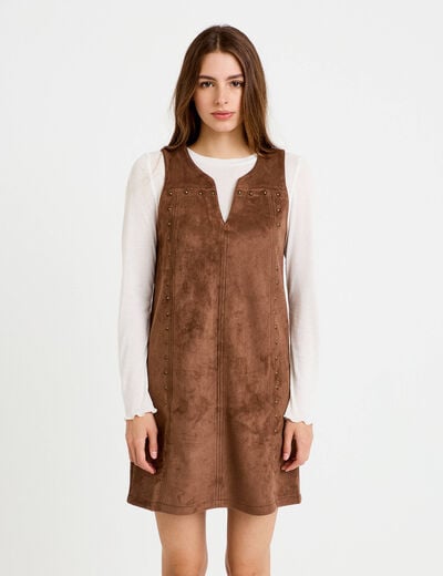 Robe droite courte sans manches col rond marron femme