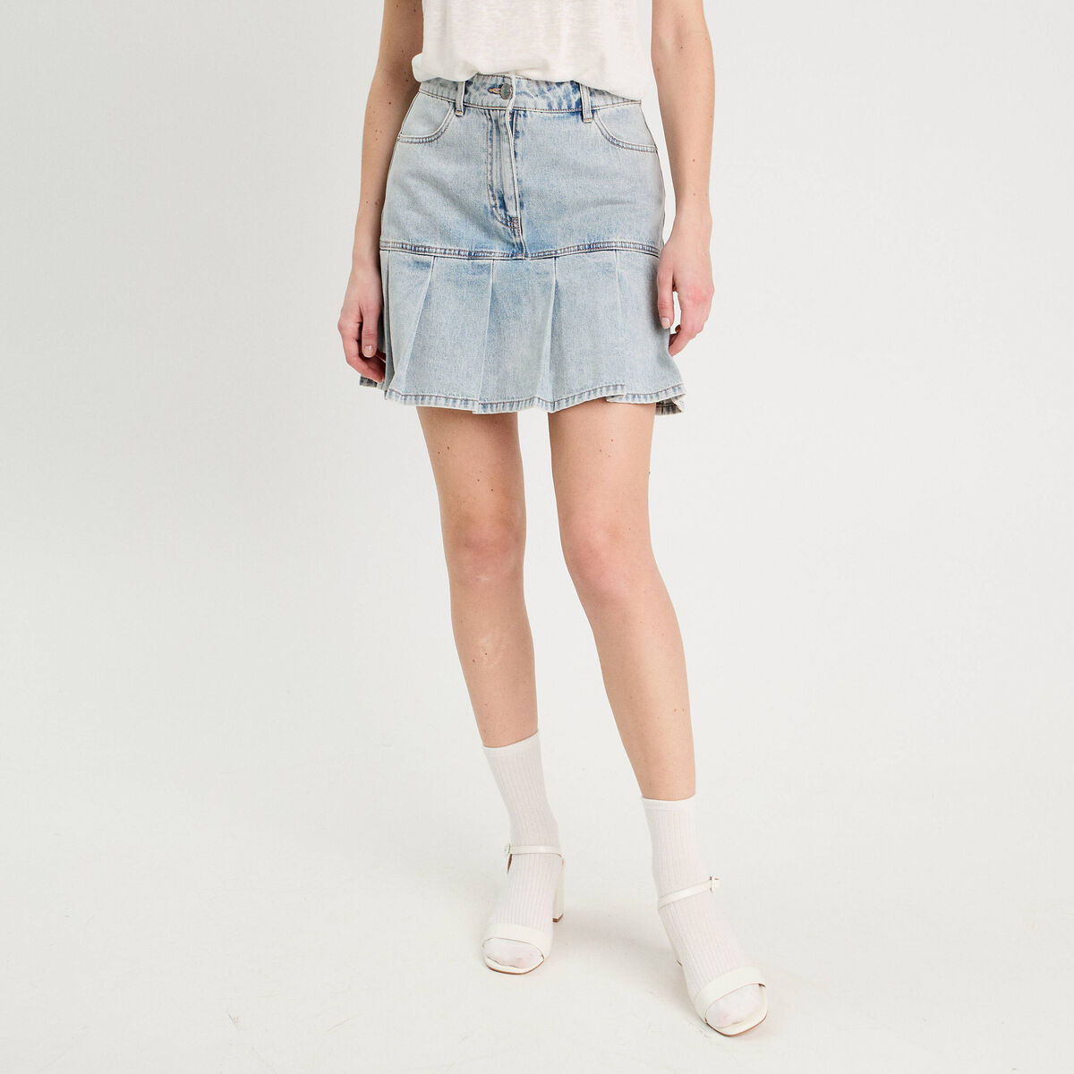 Jupe droite plissée en jean denim bleach femme