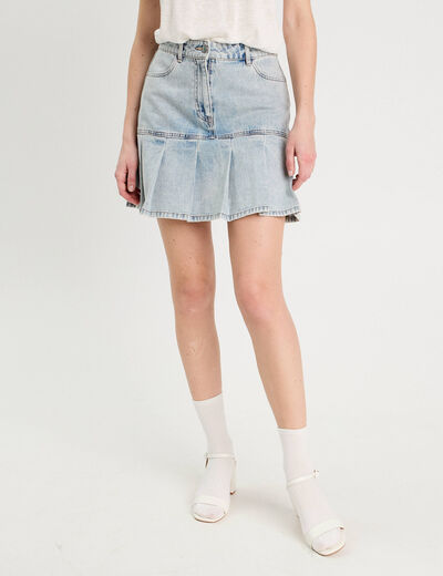 Jupe droite plissée en jean denim bleach femme