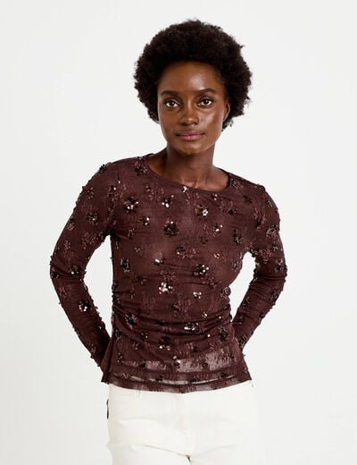T-shirt ajust&eacute; col rond brod&eacute; perles marron fonc&eacute; femme