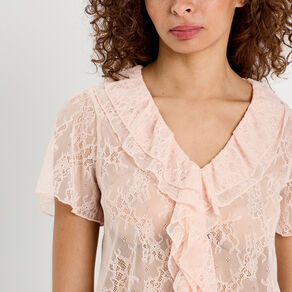 Top dentelle et volants rose clair femme