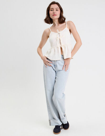 Top droit cropped col v plissé ecru femme