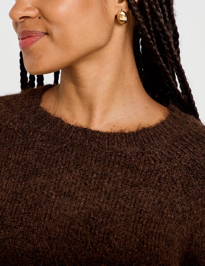 Pull ample col rond manches longues marron fonc&eacute; femme