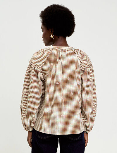 Blouse vichy brod&eacute;e blanc femme