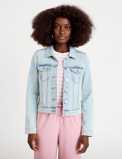 Veste cintr&eacute;e en jean col classique denim bleach femme