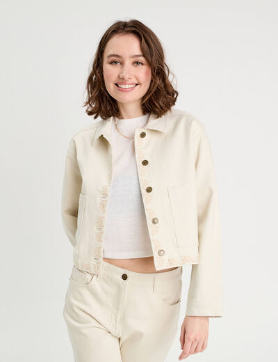 Veste brodée boutonnée ecru femme