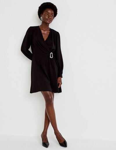 Robe courte &eacute;vas&eacute;e col v manches longues noir femme