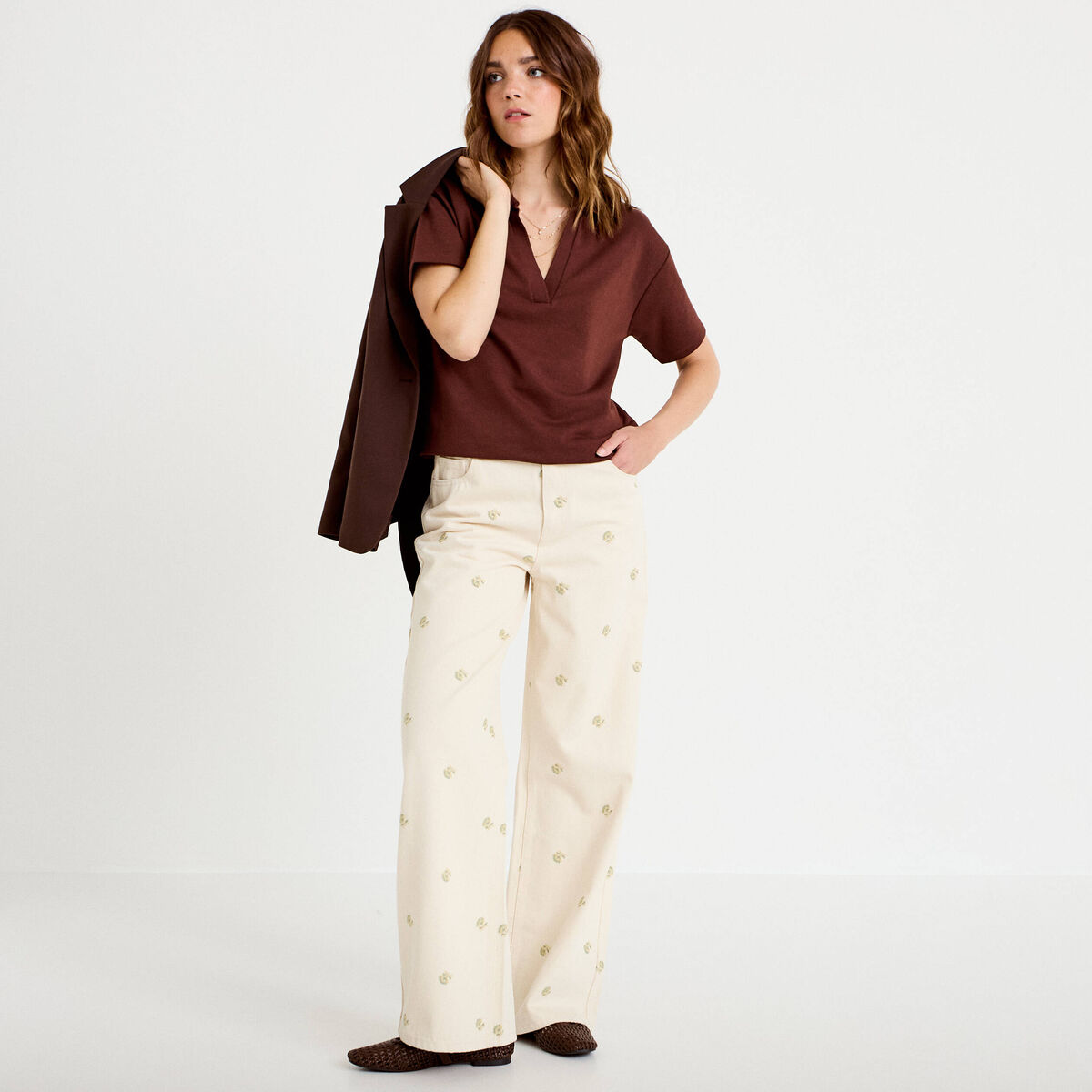 Jean wide leg broderie taille haute denim blanc femme
